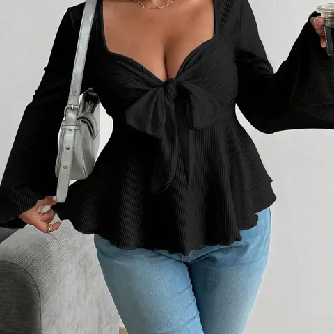 [Plus Size] Solid Bow Decor Knit Thumb Hole Curved Hem Tee, Plus Casual Style Long Sleeve Fitted T-shirt for Daily Wear, Women Plus Clothing for Fall & Winter, Top, Knitwear, Fashion Knit Clothing