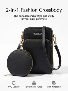 Women's Crossbody Phone Bag + Wallet Set, Large Capacity Touchscreen Bag, 3 Zip Pockets, PVC Leather, Fashionable Solid Color Shoulder Bag