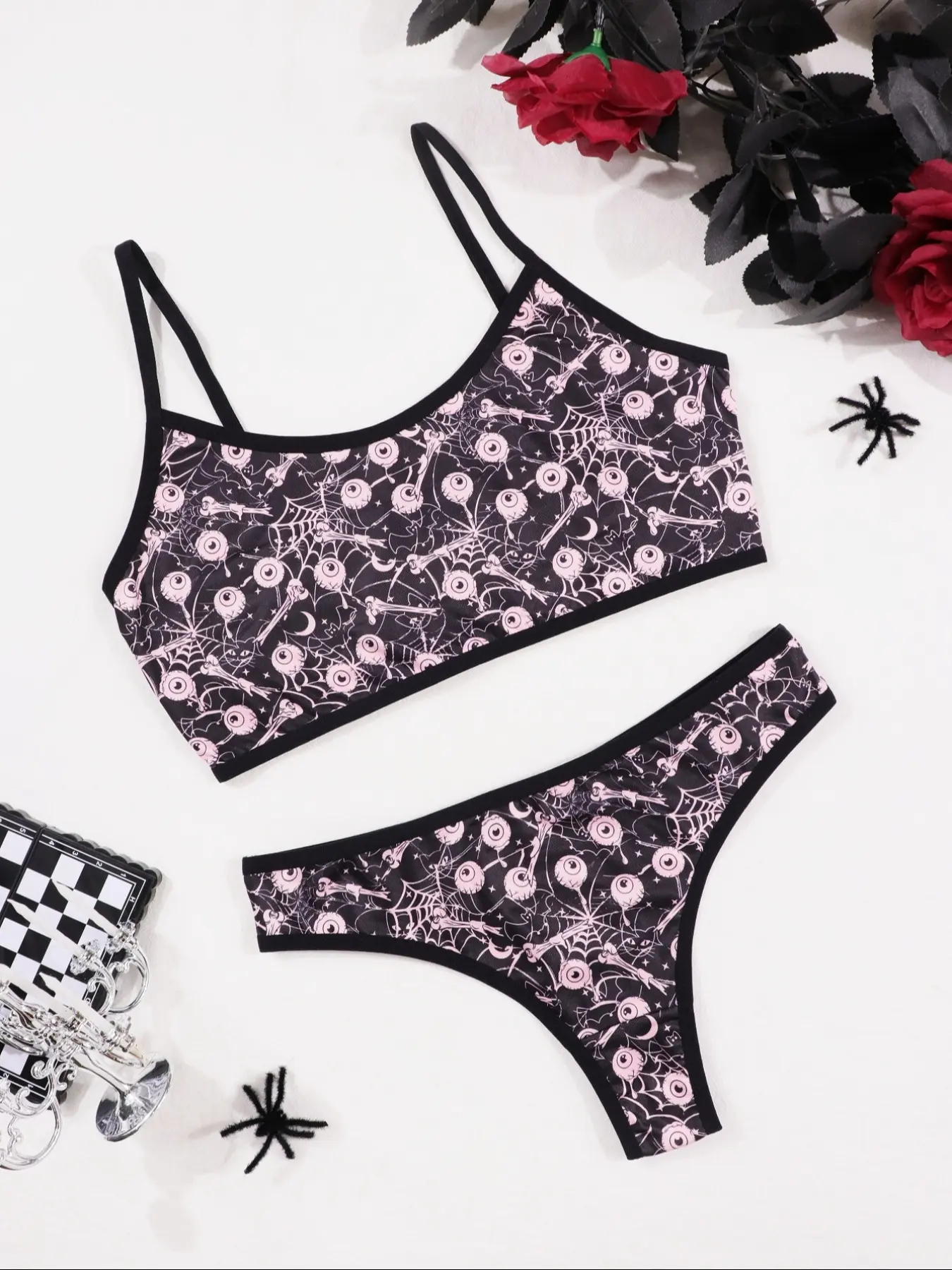 Morvia Women's Wireless Bra Set, Underwear Sets, Dark Eyeball & Spider Web Print Design, Thin Fabric for All Seasons, Create a Niche Mysterious Dark Style Personal Outfit Clothing