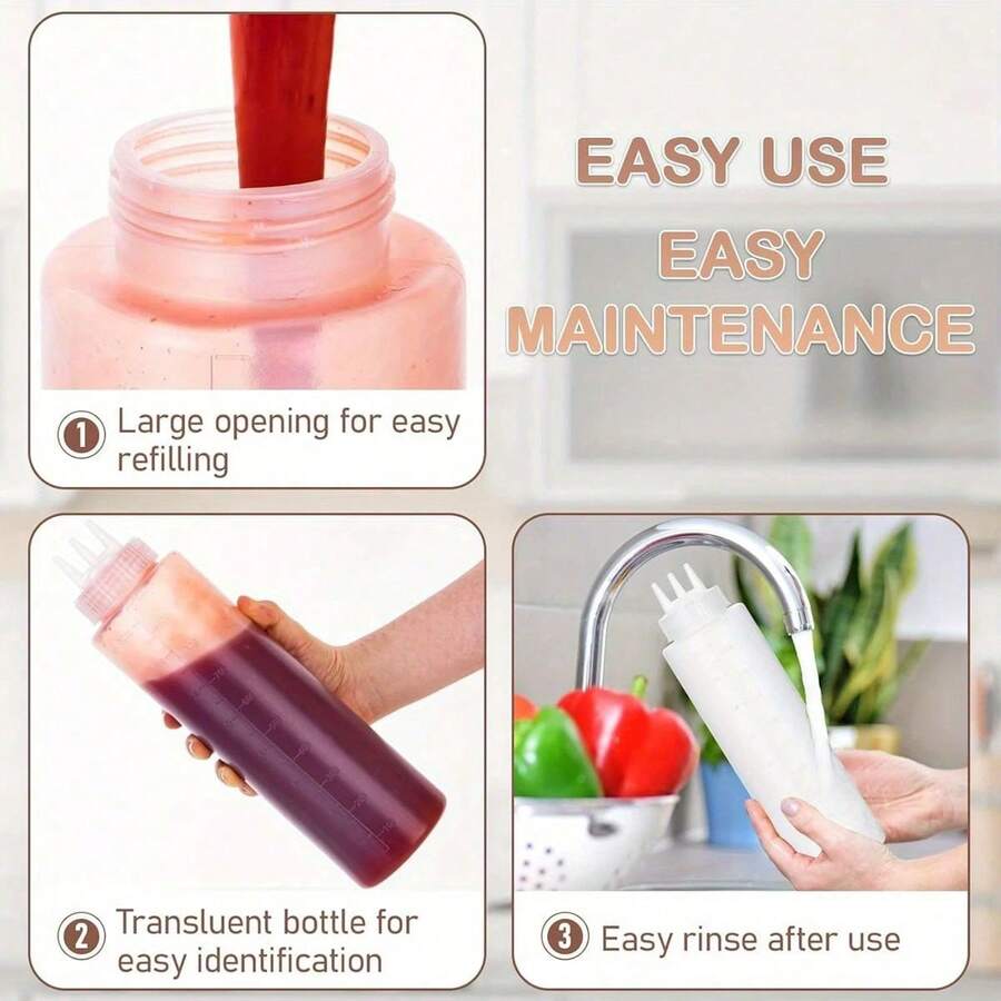 2pcs Multi-Purpose Kitchen Squeeze Bottles With 3-Hole Graduated Design - PE Material, Ideal For Sauces, Condiments & Baking - Includes White, Red And Amber Nozzles, Condiment Dispenser |   Modern Kitchenware |   Translucent Material, Soy Sauce Squeeze Bo