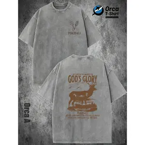 230G Men Washed Cotton God's Glory Deer Psalm 421 Y2K American Vintage Street Style Outdoor Sports Fitness Casual Wear Summer Gift Idea