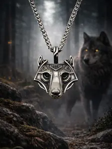 The Armored Kingdom Winterborn Silver Wolf Necklace Stainless Steel Pendant 1.1" Celtic Knotwork Unisex Battle-Ready Jewelry Gift-Ready with Custom Letter & Crown Keychain