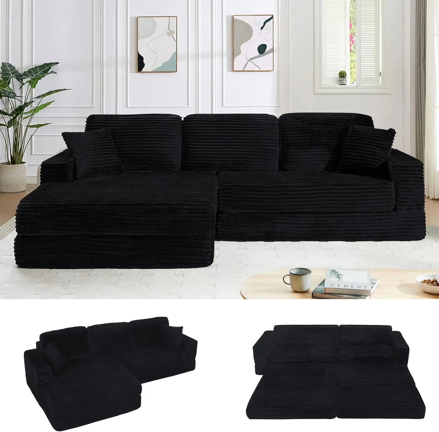 [September Specials] Niccae 112” Modular Sectional Sofa, Cloud Convertible Sofa Bed Sectional Couch with Deep Seat, Modern Modular L-Shape Sofa Couch