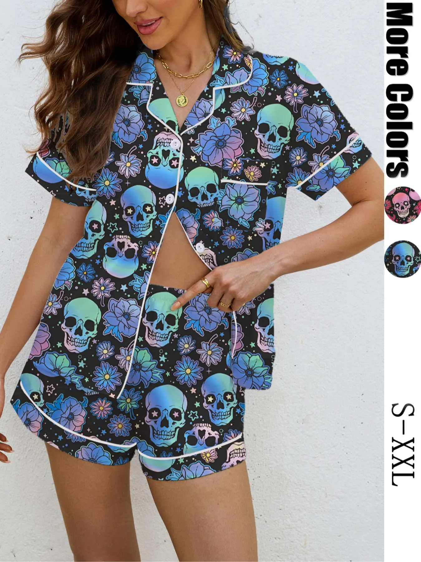 【Halloween】Women's Halloween Pajama Set, Skull Print Sleepwear, Loungewear, Casual Fitted Shirt & Shorts, Soft Home Wear, All Seasons Comfortable, Loungewear and homewear