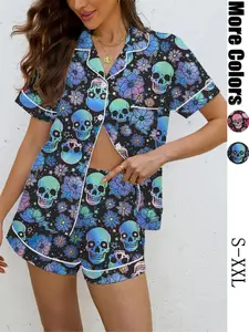 【Halloween】Women's Halloween Pajama Set, Skull Print Sleepwear, Casual Fitted Shirt & Shorts, Soft Home Wear, All Seasons Comfortable