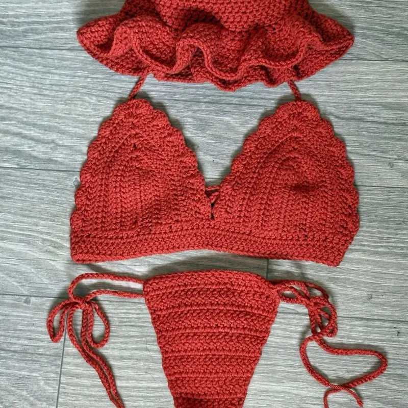 Handmade Crochet Bikini & Hat Set in Burnt Orange | Size Small-Medium | Custom Colors Available | Knitted Swimwear Set