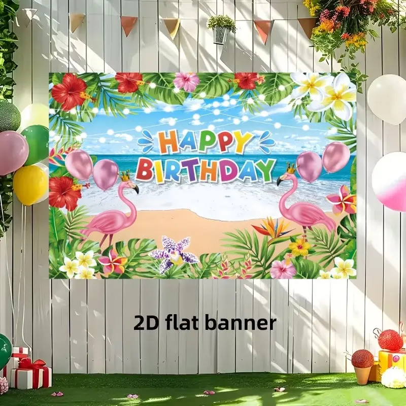 2D Flat 1PC Polyester Tropical Beach Flamingo Happy Birthday Backdrop Banner, Colorful Letters Tropical Flowers String Lights Balloon Photography Background, Indoor Outdoor Use, Ideal For Summer Beach Theme Birthday Party, Hawaii Luau Celebration