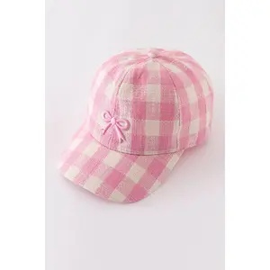 Pink plaid bow embroidery baseball cap