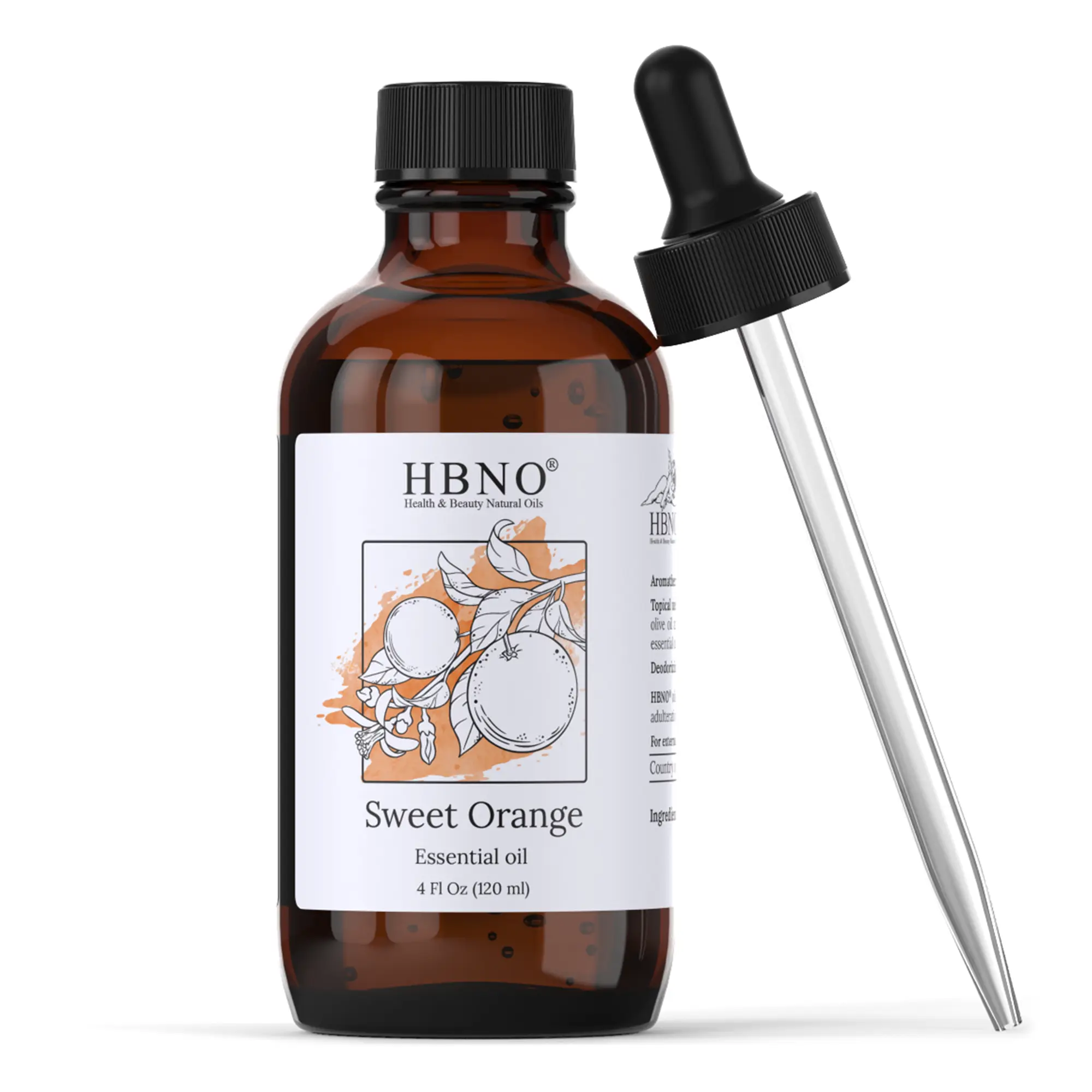HBNO Sweet Orange Essential Oil - 4 fl oz (120 ml) - Cold Pressed Citrus Sinensis for Skincare Perfumery & Candle Making - Bright Citrusy Aroma - Healthcare Therapy