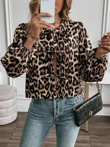 Women's Leopard Print Tie Front Bishop Sleeve Boho Chic Sleeve Blouse, Elegant Long Sleeve Round Neck Top for Spring & Fall, Women's Clothes for Daily Wear