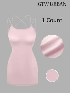 Women's Solid Backless Cami Dress, Casual Sleeveless Cross Neck Short Dress for Summer, Women's Clothing for Daily Wear