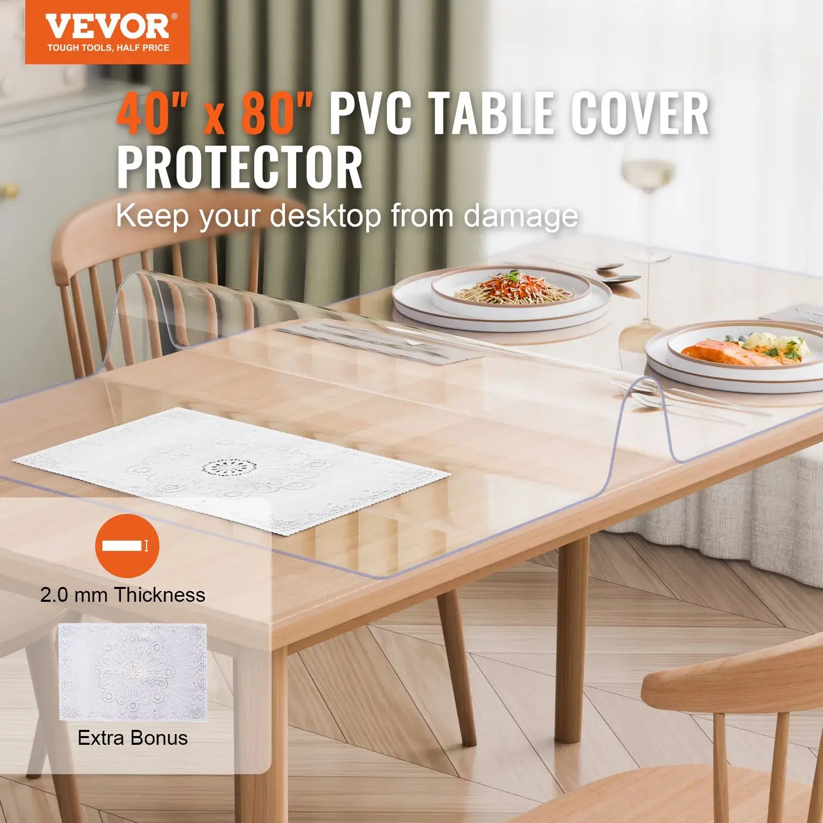 【Summerfinds】VEVOR Plastic Table Cover, 2 mm Thick Clear Table Protector, Rectangle Clear Desk Mat, Waterproof & Easy Cleaning for Office Dresser Night Stand