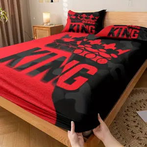 3-Piece Red and Black King Pattern Bed Sheet Set - Soft and Comfortable Bedroom, Guest Room, and Dormitory Decorative Bedding Set (Includes 1 Bed Sheet + 2 Pillowcases)