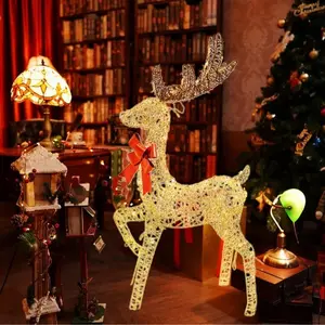 5ft 3D Pre-Lit Gold Glitter Christmas Reindeer Buck Holiday Yard Decoration, Stakes & Zip Ties Set Tree Set Tree Ornaments