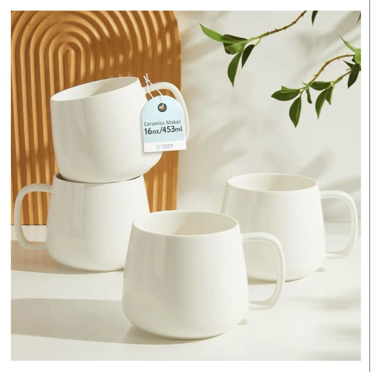 16oz Stackable Ceramic Coffee Mugs Set of 4 - Microwave, Dishwasher, Oven Safe - Ideal for Coffee, Cappuccino - White Kitchen Drinkware, Housewarming Gifts