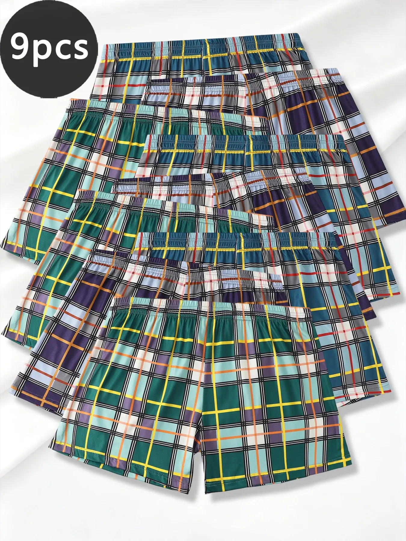 9-Pack Men's Loose-Fit Boxers, Soft Large Size Underwear, Checked Angle Trunks, Comfortable Daily & Sportswear