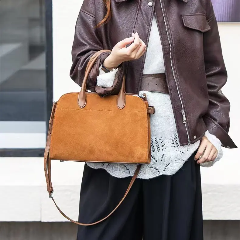 Women's Genuine Leather Suede Shoulder Bag - High-Capacity Satchel with Adjustable Strap, Zipper - Ideal for Business, Commuting - Genuine Leather Handbags, Plain Messenger Bag