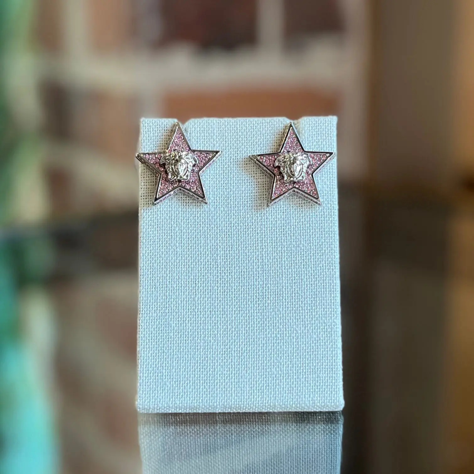 Pre-owned VERSACE Pink Medusa Crystal Embellished Stud Earrings