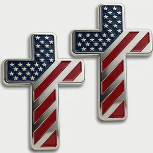 Christian Cross Car Emblem - Zinc Alloy 3D Patriotic USA Flag Badge with Adhesive - Enamel Silver Decal for Car, Truck, Home Decor