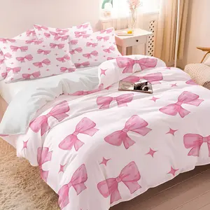 Pink bow print cover set 2/3 Pcs, Duvet cover sets, Includes Duvet Cover & 1/2 Pillowcase without filler, sweet & cute, fresh & romantic, multiple styles to choose from, suitable for all seasons bedding, family bedrooms & hotels