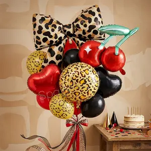 15pcs Wild Style Birthday Party Balloon Set, Giant Leopard Print Bow Aluminum Foil Balloons, Cherry Shape Balloons, Perfect for Celebrations