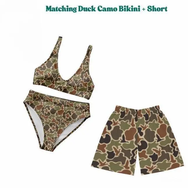 Matching Duck Camo Swimwear Set for Couples -Swim Bra & Tie Side Bikini + Men's Beach Shorts, Summer Vacation Swimsuit, Hawaiian Shirt Style, Aloha Beach Outfit, Casual Holiday Bathing Suits, Menswear & Womenswear