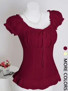 Women's Square Neck Bubble Sleeve Ruched Button Front Shirt, Casual Fitted Top with Pleated Hem, Plain Design, No Collar