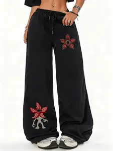 Stranger Things Demogorgon Floral Baggy Sweatpants for Women, Vibrant Villain Graphic Print & Show Logo, Premium Soft Fabric, Oversized Casual Style Lounge Bottoms for Sci-Fi Horror Fans & Daily Trendy Wear Everyday