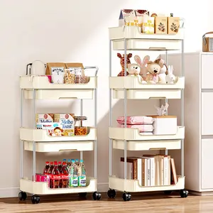 3-tier rolling multi-functional cart with handle, multi-purpose storage trolley for office, living room and kitchen, wheeled movable storage organizer in cream color, Kitchen Storage Rack