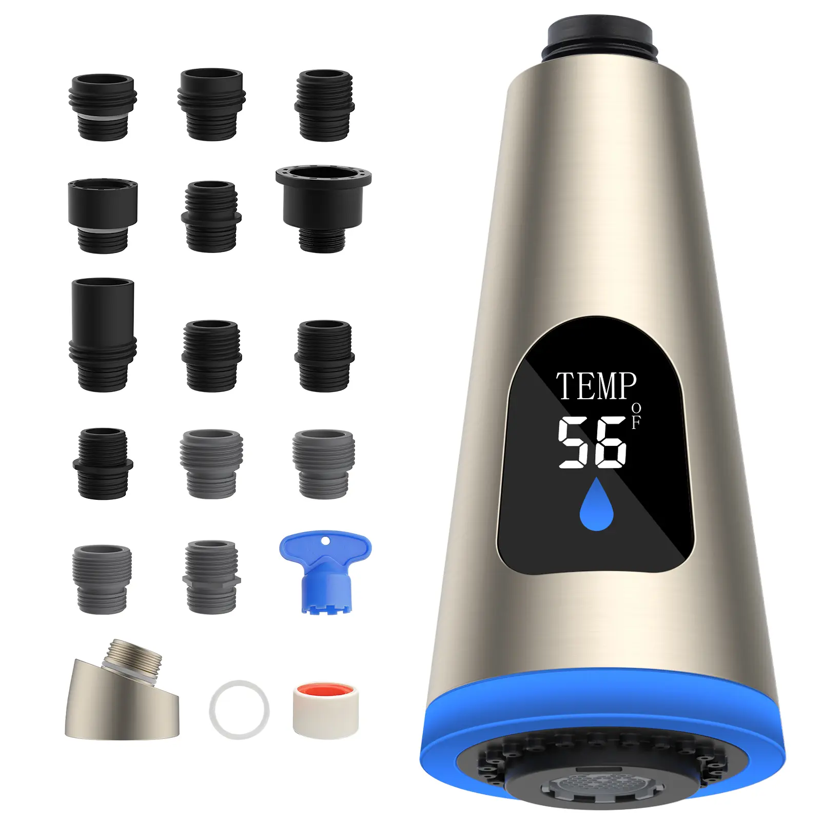 Hibbent 4-Function LED Temperature Display Sensor Kitchen Faucet Head Replacement - Brushed Faucet Attachment with 15-Piece Multi-Function Connector, Swivel Nozzle Sprayer Attachment for Sensor Control Kitchen Taps, Multi-Function Connector Kitchen Taps