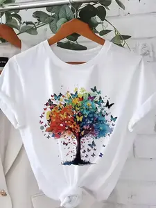 Plus Size, Women's Plus Size Elegant Short Sleeve T-Shirt - Butterfly Tree Geometric Print Round Neck Blouse, Casual & Semi-Formal Machine-Washable Top for Spring Summer Fall, Plus Size Friendly Apparel (No Bulk)