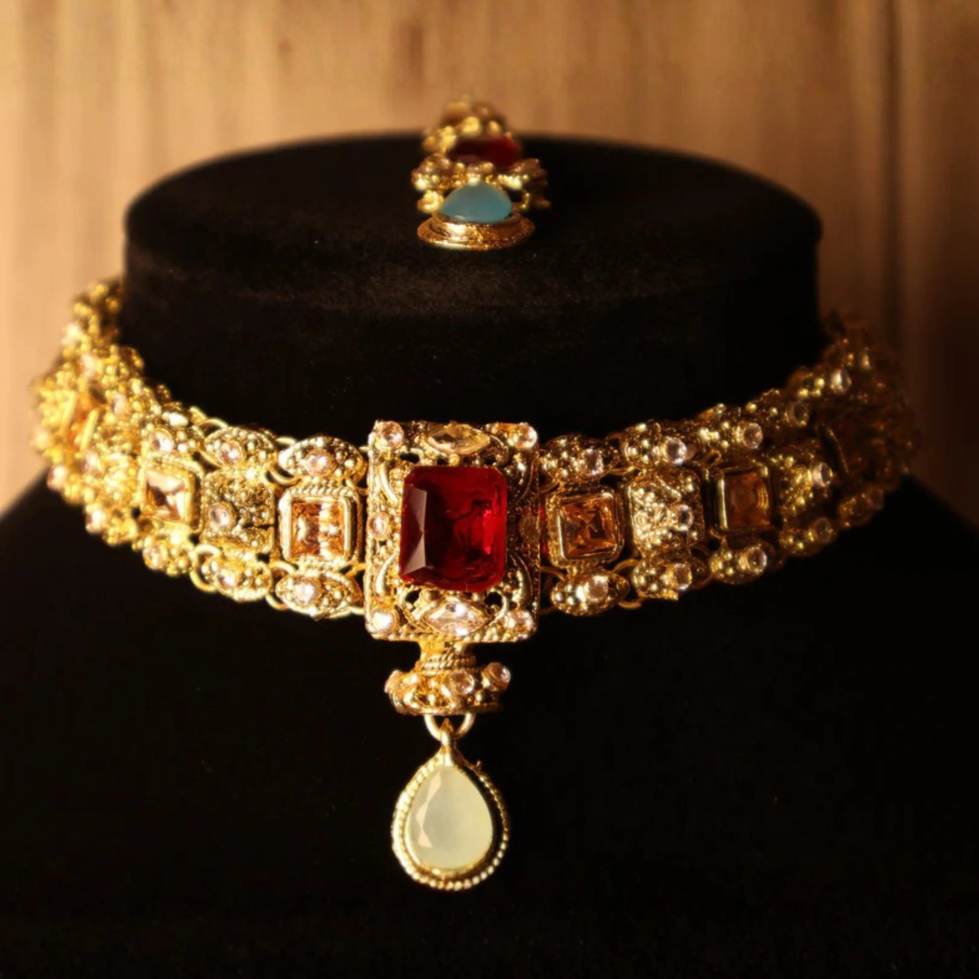 SITARA Champagne, Red & Blue Kundan Choker Set with Tikka & Earrings | South Asian Indian Pakistani Party Jewelry