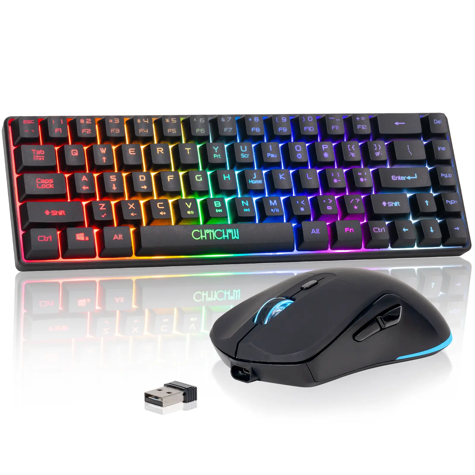 CHONCHOW 60% Wireless Gaming Keyboard and Mouse Combo, 68-Key Compact Waterproof Keyboard, LED Backlit, Rechargeable 2000mAh Battery