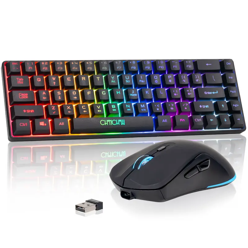 CHONCHOW Wireless Gaming Keyboard Mouse Set, 68-Key 60% Compact Space-Saving Layout, Waterproof, Rainbow LED Glow Backlight, Rechargeable 2000mAh Battery, ABS Material, Portable Ergonomic PC Accessories, 10M Keystroke Lifetime, Multi-Platform Compatible
