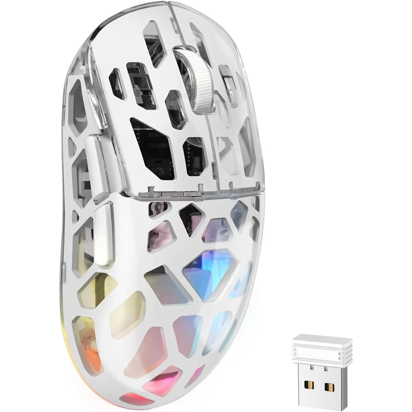 F-MUW05  Gaming Mouse, Wireless Mouse for Laptop with Transparent Honeycomb Shell, Tri-Mode 2.4G/Type-C/BT 5.2, 11 RGB Lights, 60Hrs Ergonomic Programmable Computer Gamer Mice for Windows PC Mac