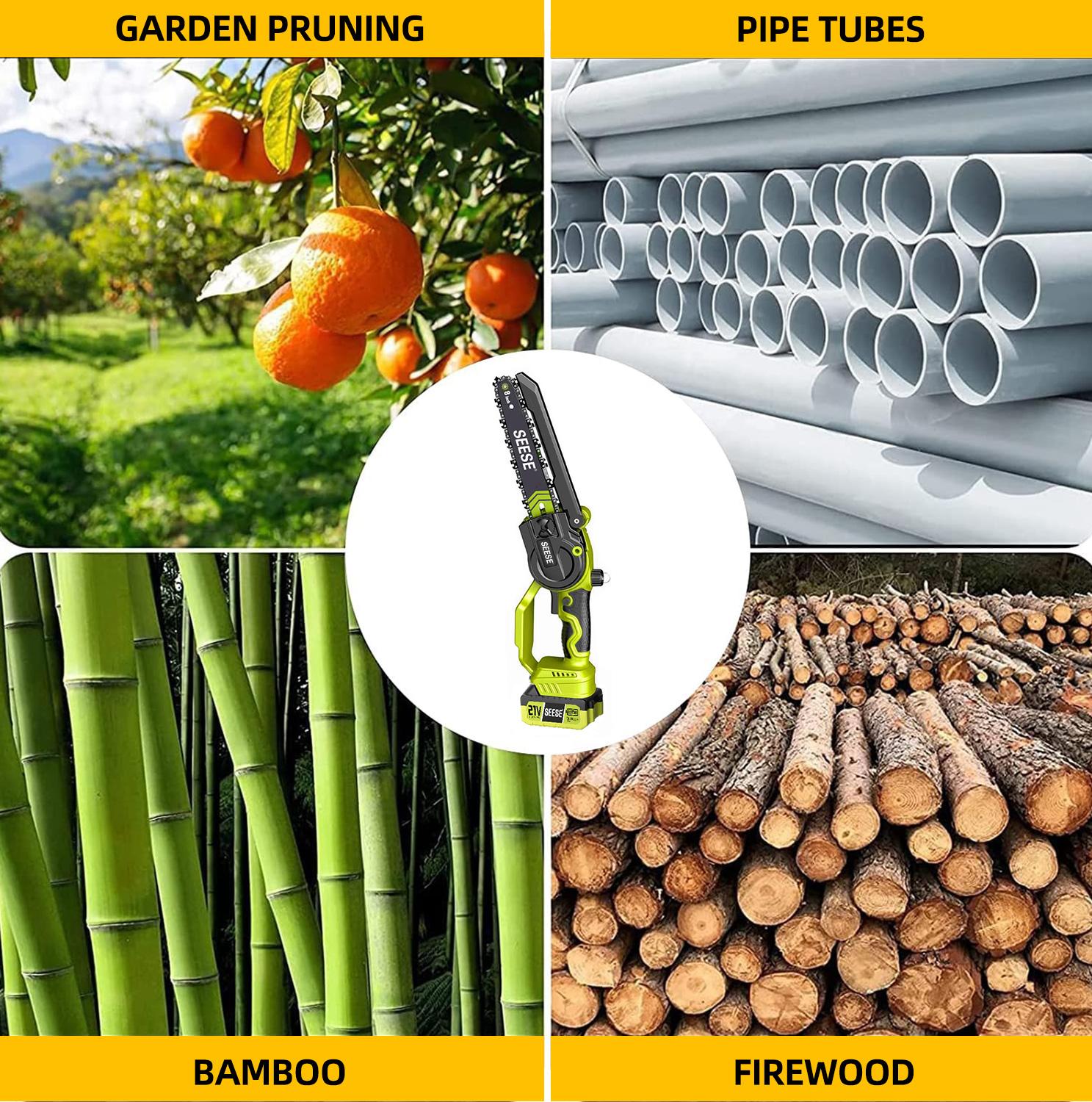 【FathersDayGift】SEESE 2 in 1 Mini Chainsaw with 2 x 21V Batteries, 8" Brushless Electric Pruner, Telescopic Pruning Saw, Working Height up to 15ft, 180&deg; Angled Head, Shoulder Strap