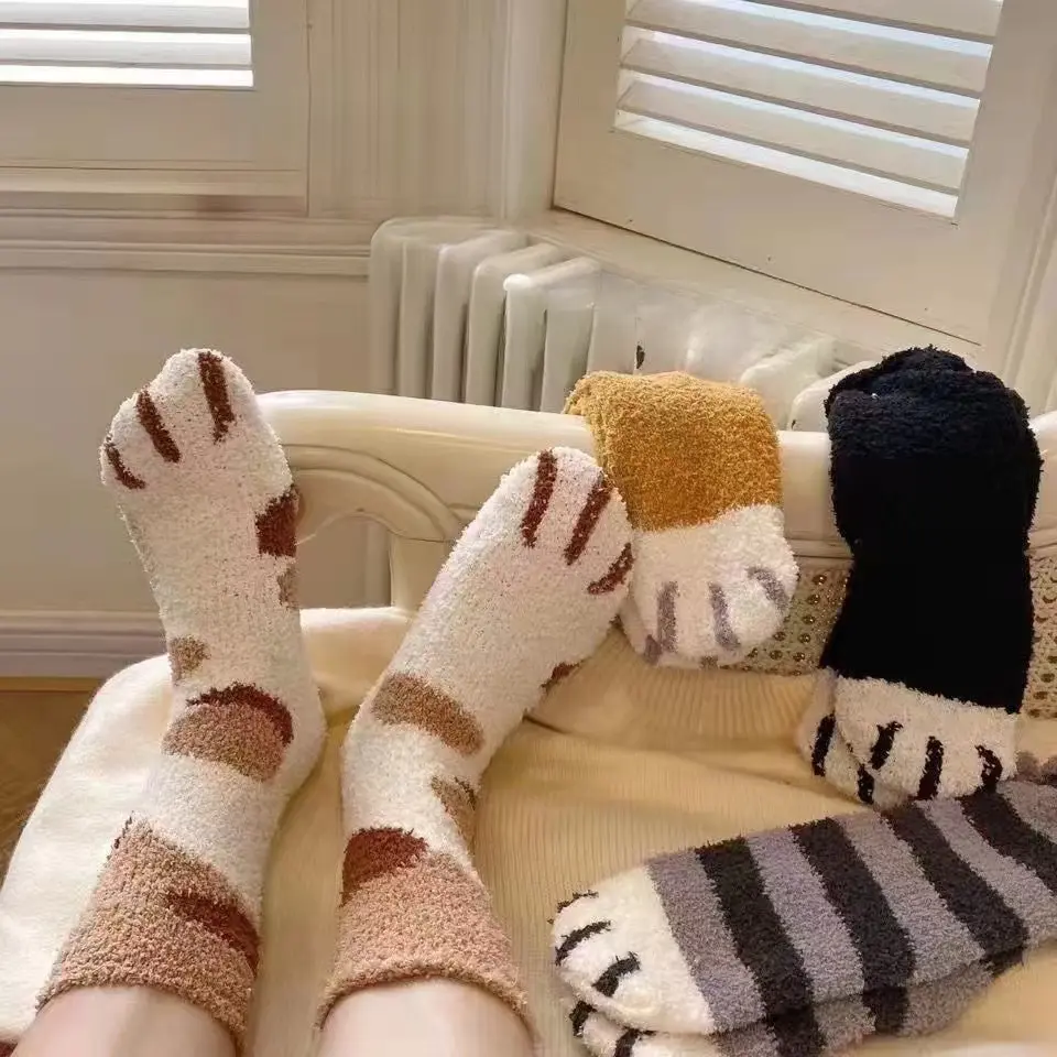 Autumn Winter Coral Fleece Socks for Women, Sleep Mid-Calf Socks, Cute Cat Paw Socks, Thickened Warm Sweet Floor Socks