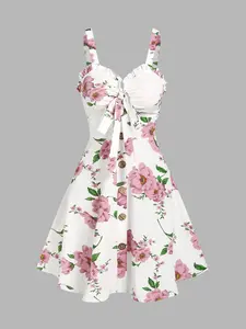 Women's 2024 Summer Dresses Sleeveless Floral Print Vacation Sundress Garden Party Dress Summer Ruffled Bowknot Mini Dress Valentine's Day Gift
