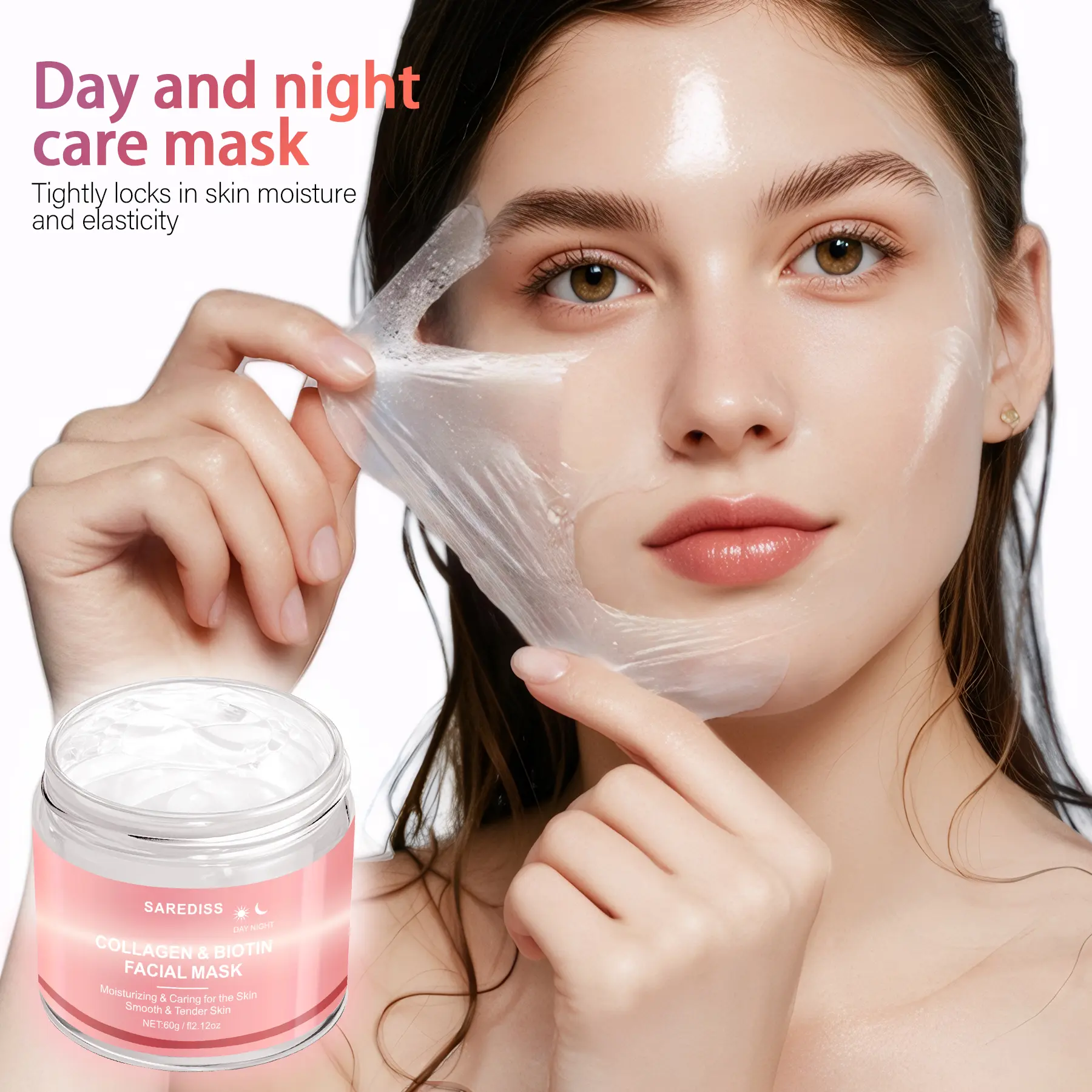 60g Biotin Collagen Jelly Gel Peel off Mask, Collagen Face Masks, Collagen Peeling Mask, Moisturizing Facial Mask, Hydrating Soothing Aloe Vera & Centella Asiatica, Night Moisturizing Hydrate Face Care Moisturizer for Dry Skin Women