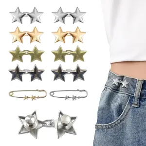 10 Set Star Button Pins for Loose Jeans - Reusable Metal Waist Cincher Clips - Gold Silver Bronze Colors - No Sewing Required - Detachable Buckle Design - Fashion Accessory for Pants Dresses Skirts