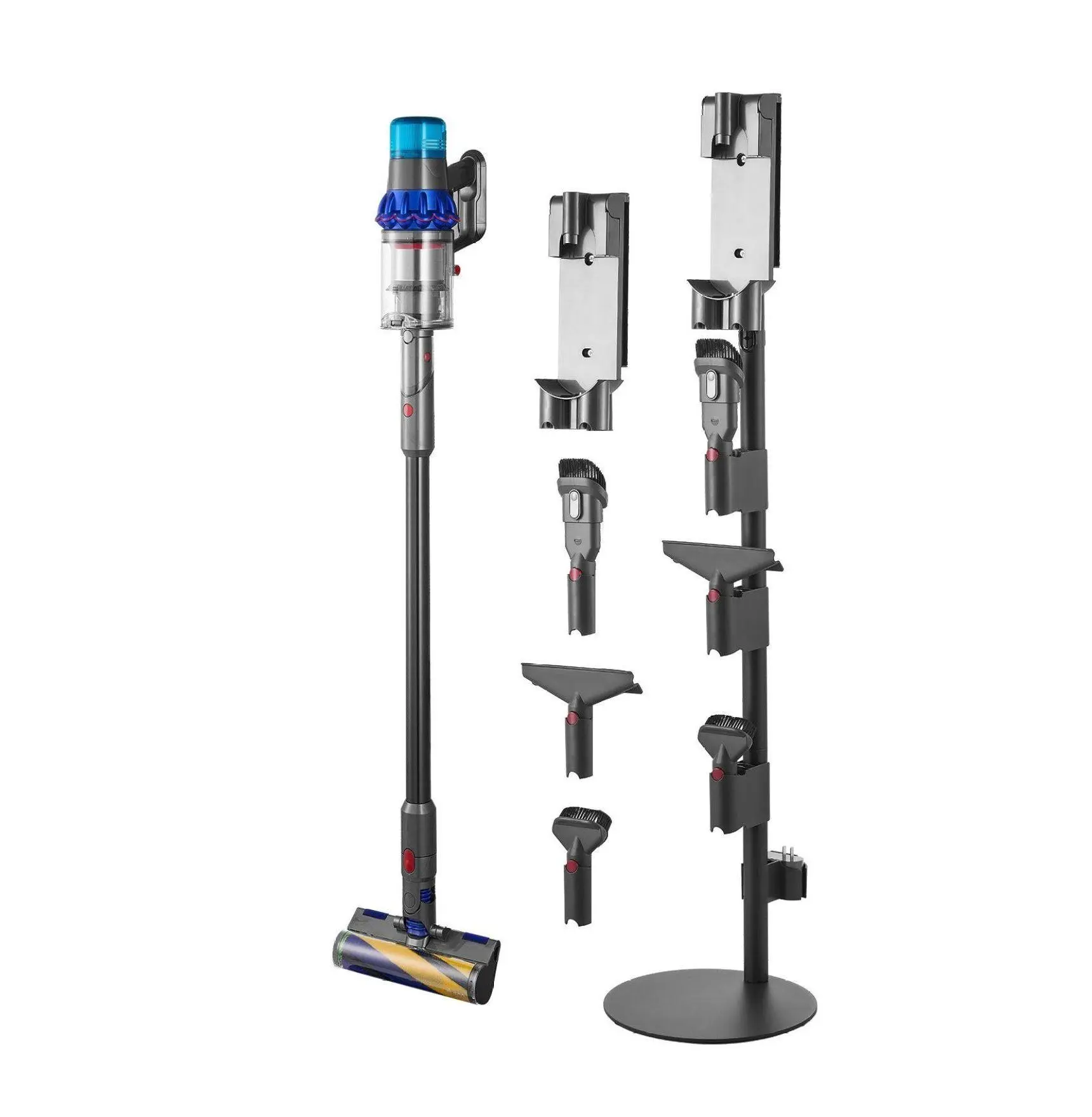 Vacuum Stand for Dyson V7 V8 V10 V11 V12 V15, Upright Vacuum Holder with 6 Accessory Clips - Stable, Freestanding Floor Stand 3 Travel Clips Vertical Round Tube with Square Top Plate