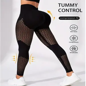 Women's High Waisted Compression Yoga Pants - Mesh Panel Workout Leggings with Tummy Control, Breathable Knit Fabric & Cutout Design, Squat Proof Gym Running Lounge, TikTok Viral Seamless Fitness