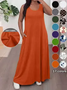 Elegant Plus-Size Women's Sleeveless Round-Neck Solid Color Tank Dress, Summer Casual Home Wear, Comfortable Fit, Multiple Colors Available