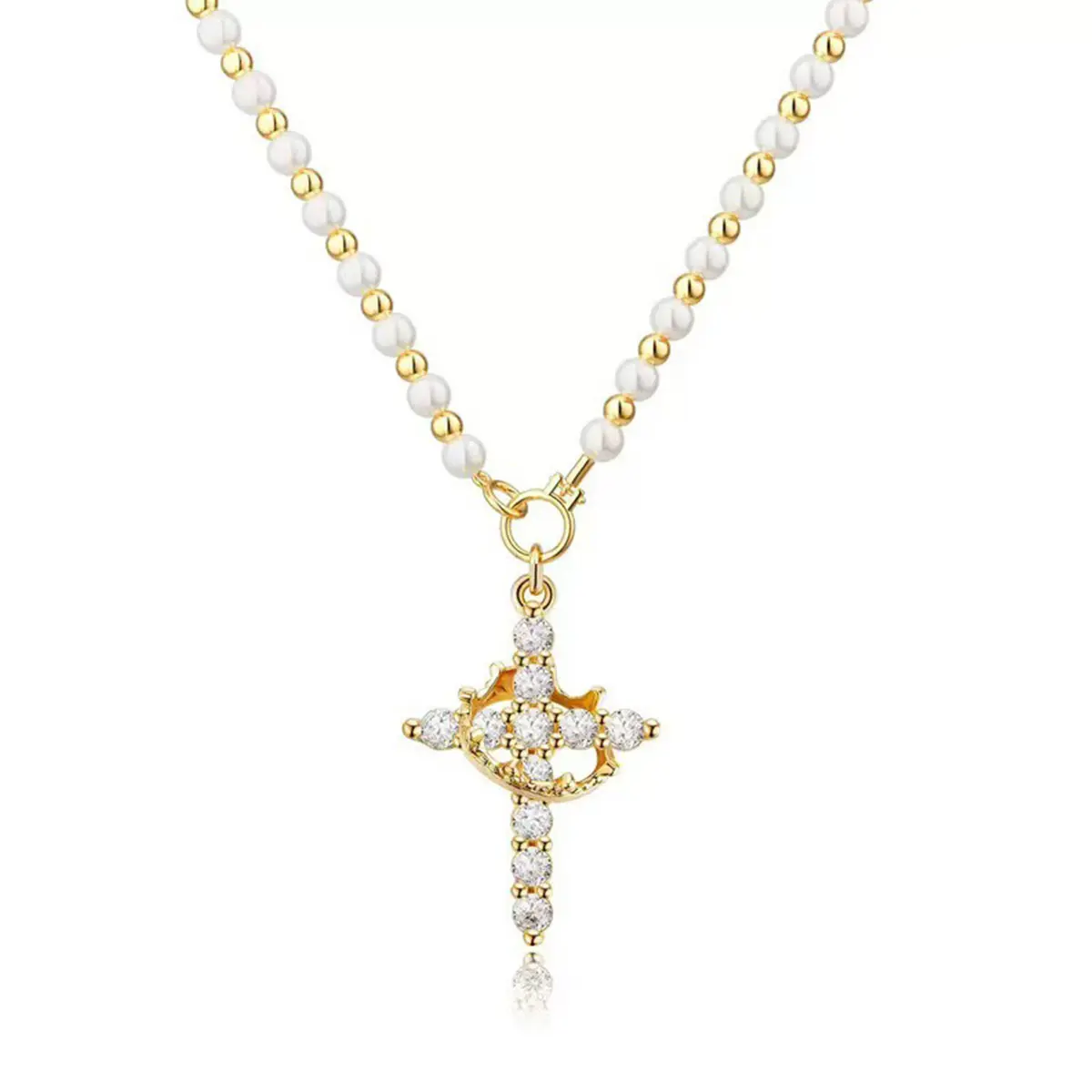 Statement Saturn Cross Necklace for Women, Vintage Gold-Plated Rotatable Pendant with Faux Pearls, Adjustable Hypoallergenic Jewelry, Fashion Cross Pendant, Statement Chain, Stylish Accessories, Adjustable Chain, Cross Necklaces, Anniversary