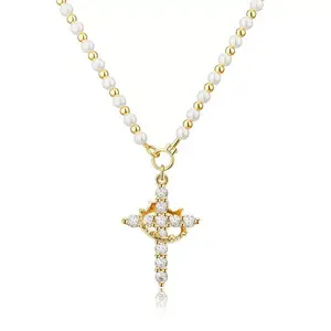 Ladies' irregular pearl cross necklace, vintage rotatable crown necklace, ladies' fashionable jewelry