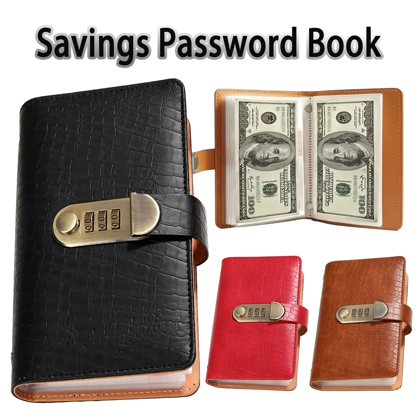PU Leather Savings Binder with Lock – A6 Cash Saving Notebook, 50 Pages Holds 100 Bills, Storage for Cash, Photos, Stamps & Cards – Large Capacity Money Organizer Planner