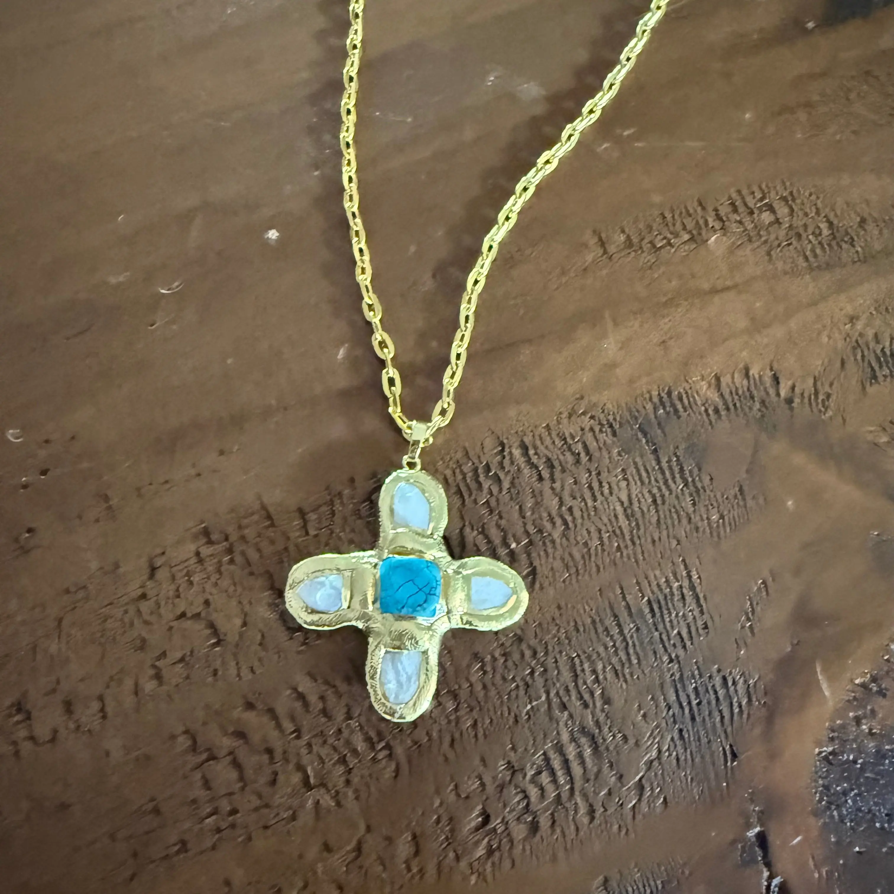 pearl and turquoise chunky cross pendant pearl and turquoise chunky cross pendant