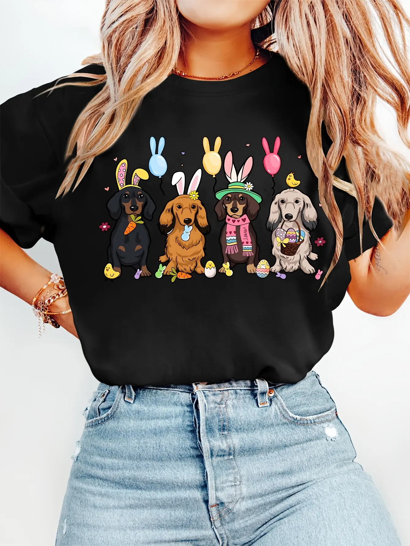 Women's Vintage Dachshund with Bunny Ears T-Shirt - Short Sleeve Round Neck Top Suitable for Spring Summer Fall Winter, S-XXL Multi-Color Options (Bunny Ears & Egg/Chick Print) - Machine Washable Casual & Easter Outfit