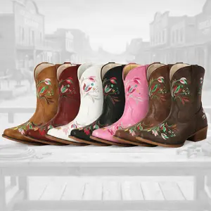 FIORALIE Women's Flower Embroidered Ankle Cowgirl Boots with Almond Pointed Toe Western Cowboy Style Chunky Heel Pull On Short Cowgirl Boots for Comfort and Style botas vaqueras mujer Country Concerts, Festivals & Daily Wear