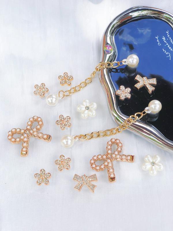 14pcs Elegant Shoe Flower Accessories with Pearl Bow, DIY Removable Shoe Charms for Sandals and Clogs, Rhinestone Shoe Decoration, Perfect Gift for Festivals